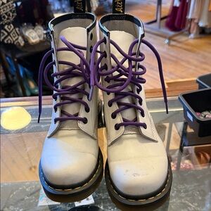 Dr. Martens White Combat Boots with Purple Laces